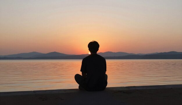 Silhouette of a man at sunset, in warm orange and gold tones, reflecting by the calm sea