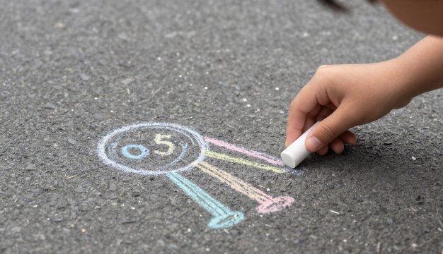 Child&rsquo;s hand drawing with colorful chalks on asphalt in pastel tones, representing a playful learning moment