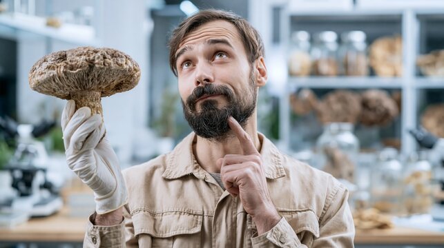 Mycologist holding a fresh wild mushroom in a mycology laboratory while thinking. Concept of quiz, consultation and trivia about mycology.