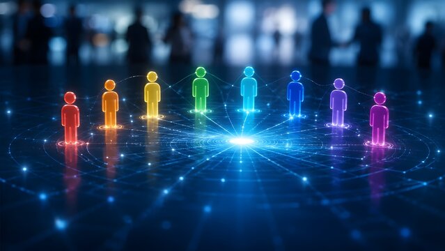 Digital Hub of Colorful Glowing Figures in a Tech Circle Symbolizing Global Online Unity and Data Network