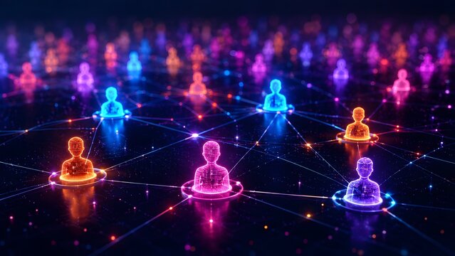 Vibrant Glowing Digital Network Nodes Shaped as Human Figures Over a Dark Background Symbolizing Online Social Connections