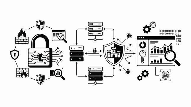 Digital security concept with lock shield servers bugs and data analysis