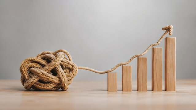 Tangled rope turning into a growing arrow over wooden bar chart blocks symbolizing organic business growth and solutions
