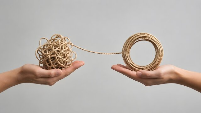 Hands untangling a complex knot of rope into a neat organized coil representing problem solving