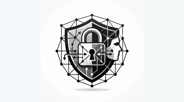Digital security shield with a padlock and human face
