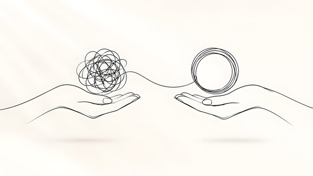 Problem solving concept with line art hands transforming tangled mess into a neat organized circle