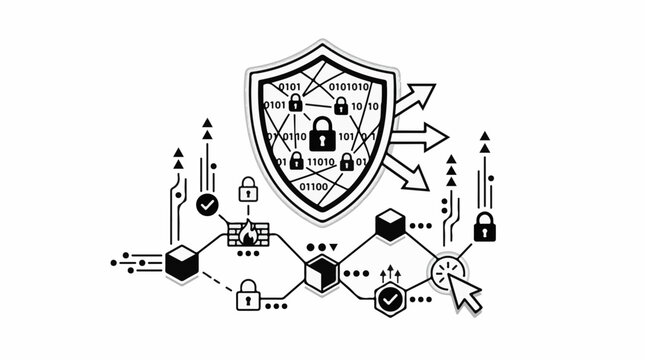 Digital shield with locks and binary code data security concept