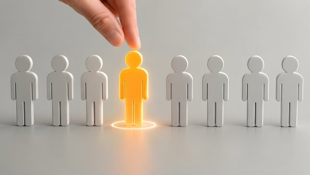 Recruitment concept with hand picking glowing orange leader figure from line of white figures