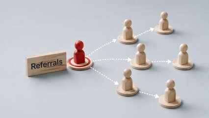 Obraz premium Targeted referral marketing strategy with red wooden figure sending arrows to network connections