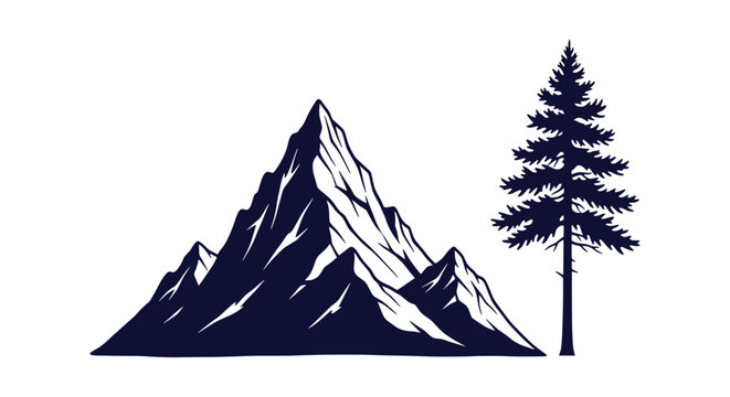 Mountain peaks and pine tree silhouette vector illustration for outdoor adventure and hiking logo