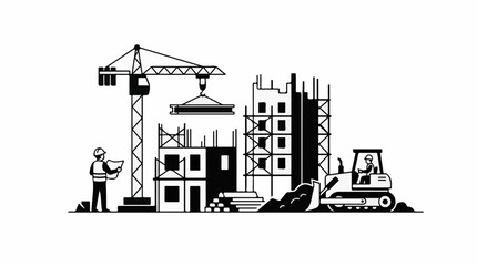 Fototapeta premium Construction site with crane bulldozer builder and buildings