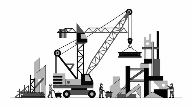Construction site with cranes workers and building materials