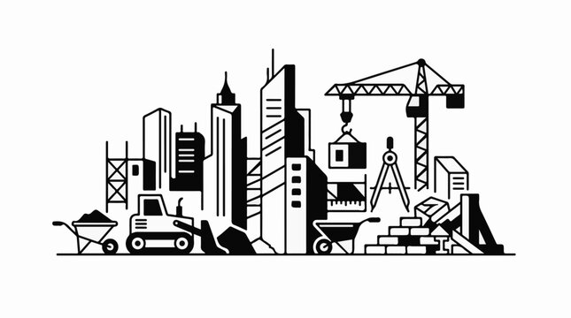 Stylized city skyline construction scene with vehicles and tools
