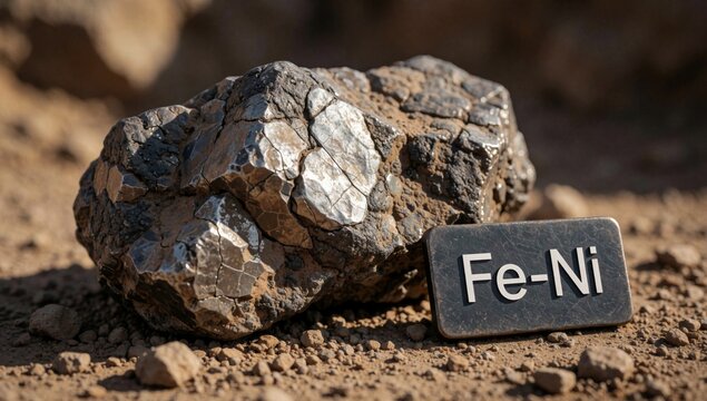 Large rock word fe-ni written black capital letters appears made shiny metallic material rough texture resting