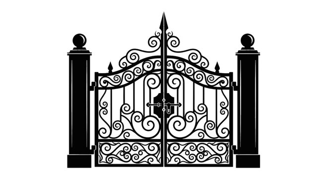 Vector illustration of wrought iron gate with decorative scrolls and pillars on a transparent background