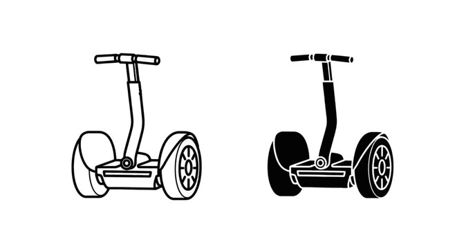 Vector illustration of set of two selfbalancing scooters, outline and silhouette icons on a transparent background