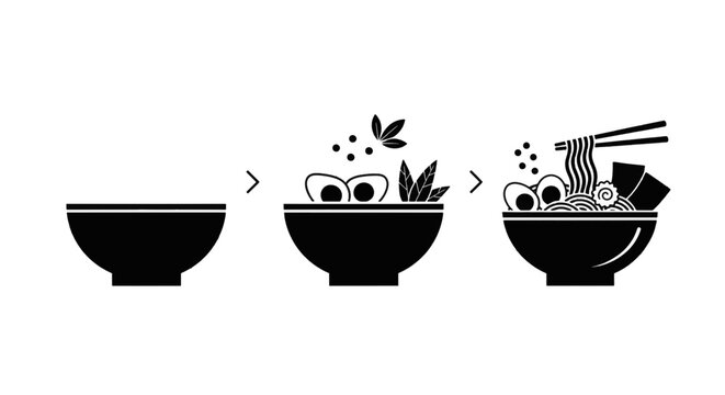 Vector illustration of ramen cooking process steps from empty bowl to finished noodle dish on a transparent background