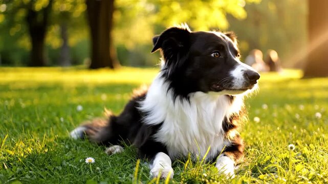 Border Collie dog resting on green grass in a sunny park at sunset