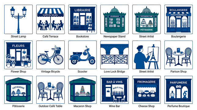 Paris Street Shops and Local Landmarks Flat Icons Set in Blue and Green Minimal Style, Vector Illustration