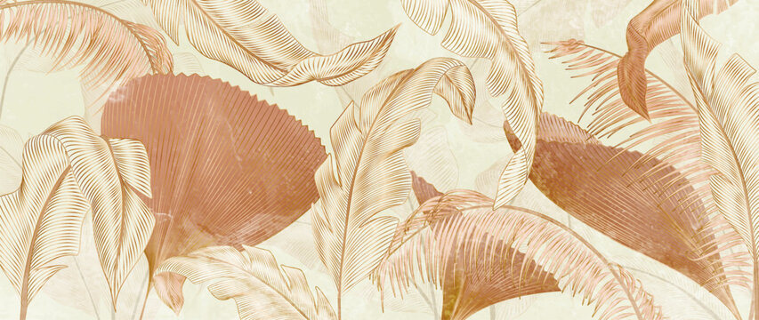 Premium tropical art background featuring exotic plant leaves with gold line elements. Botanical banner for decor, wallpaper, textiles, packaging, posters, and interiors.