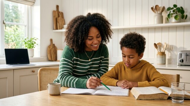 Supportive African American mother helps her young son with school homework in a bright modern kitchen, fostering education and bonding through home learning and focused study sessions at the table!