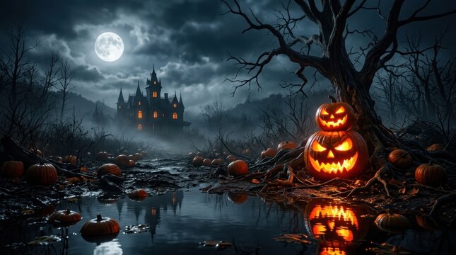 Spooky Halloween night scene with glowing jack-o'-lanterns under a full moon near a haunted mansion and misty swamp, perfect for seasonal horror themes and eerie holiday atmosphere background