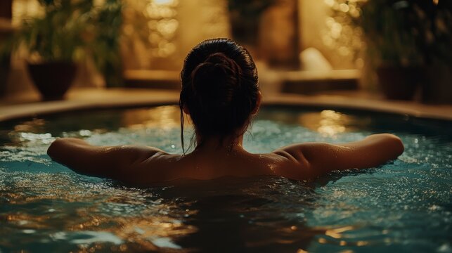 Woman relaxing in a warm, bubbly spa pool at night.