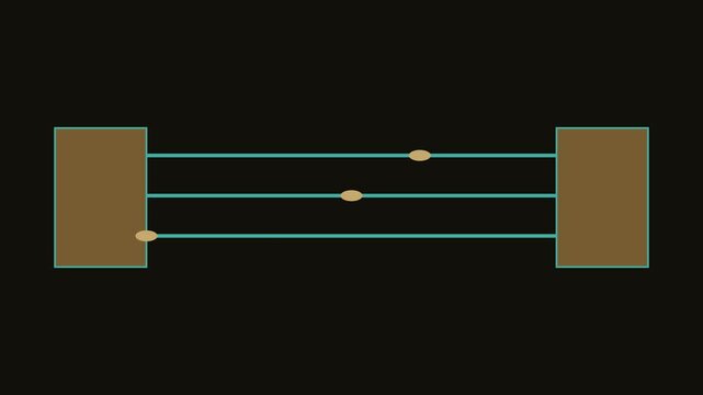 Abstract data flow animation with moving nodes on parallel lines connecting two blocks 4k connection