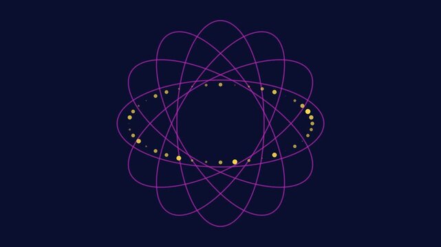 Abstract atomic orbit animation: glowing purple ellipses and golden particles rotating on dark 4k background