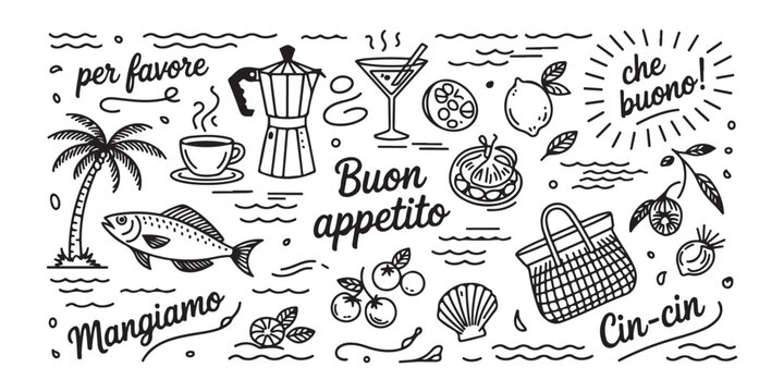 Hand drawn Italian food and lifestyle doodle set with phrases