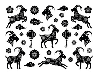 Chinese Zodiac Goat Silhouette Set with Floral Patterns, Lanterns, Clouds and Traditional Asian Decorative Elements Vector Collection © SaifullahHussain