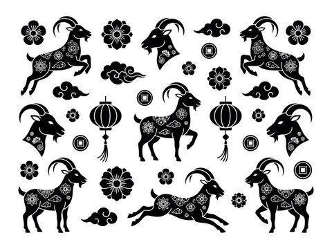 Chinese Zodiac Goat Silhouette Set with Floral Patterns, Lanterns, Clouds and Traditional Asian Decorative Elements Vector Collection