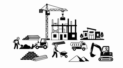 Obraz premium Construction site with workers crane vehicles and buildings