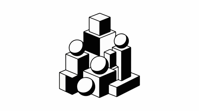 Geometric shapes and spheres arranged in an isometric 3D composition
