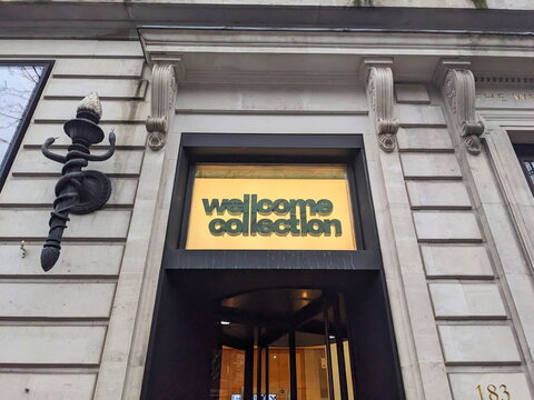 The illuminated entrance and facade of the Wellcome Collection museum on Euston Road in London