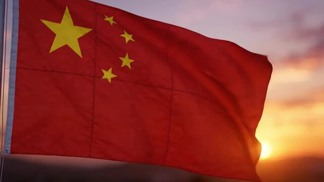 National Flag of China Waving in Wind at Sunset