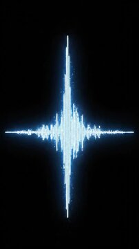 Digital audio waveform pulsating with glowing blue light on black background