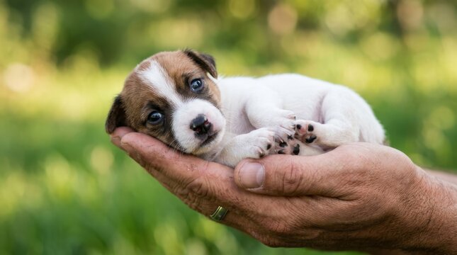 Adorable newborn Jack Russell Terrier puppy resting peacefully in a man's palm outdoors, showcasing the fragile beauty of life and the heartwarming bond between humans and pets in a lush garden site..