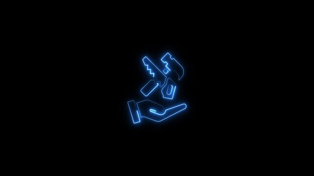 Neon hand holding construction tools animated blue glowing repair and maintenance symbol for diy and home improvement projects