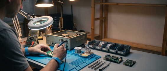 Obraz premium Technician soldering circuit board at an electronics repair workbench