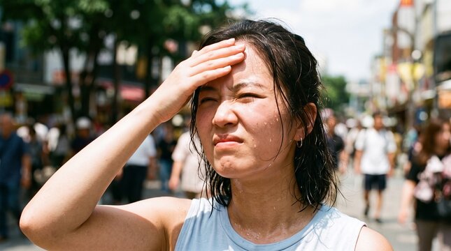Young woman sweating profusely and wiping forehead on a hot summer day in a crowded street