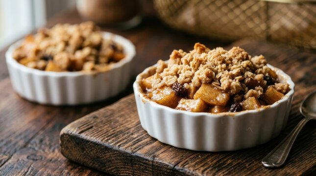 Delicious homemade apple crumble with cinnamon and oats served in white ceramic ramekins on a rustic wooden board, perfect warm autumnal dessert for a cozy dinner or snacks during the holiday