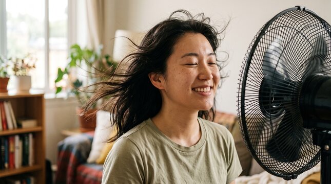 Young Asian woman enjoying cool breeze from electric fan on a hot summer day indoors