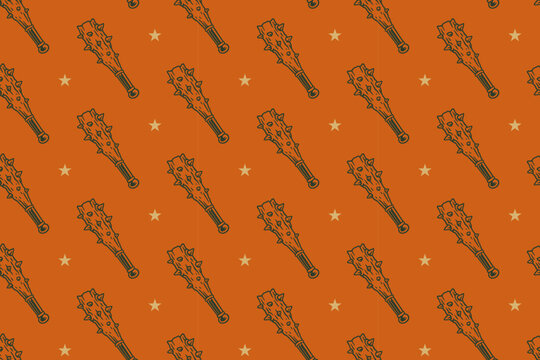 Spiked wooden club with star pattern on dark orange background for merch. Medieval battle stick with light hand drawn seamless pattern background. Studded wooden mace vintage engraved motif wallpaper