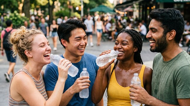 Diverse group of friends laughing and drinking water on a sunny hot day in a city park