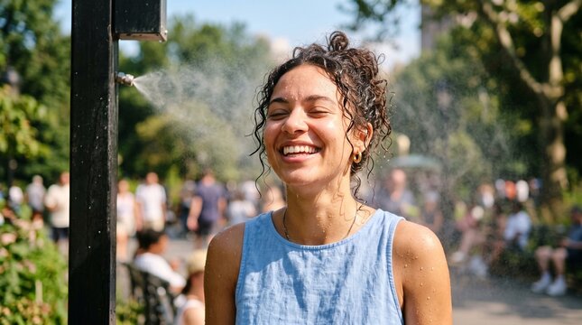 Young woman laughing joyfully while being misted by a cooling spray in a sunny park on a hot day