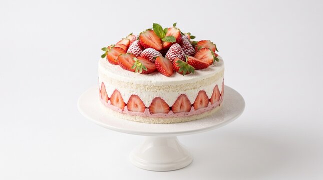 Delicious Strawberry Shortcake Decorated with Fresh Fruit and Mint on a White Cake Stand