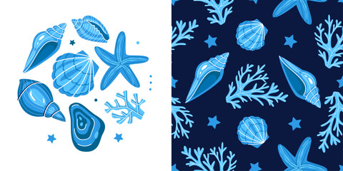 Set of hand drawn sea shells, starfish and seaweeds. Summer blue poster and seamless pattern. Marine vector illustration  © Peviotadesign
