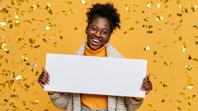 Overjoyed African American woman holding a blank white oversized check or voucher, celebrating a lottery win with falling gold confetti on yellow background.