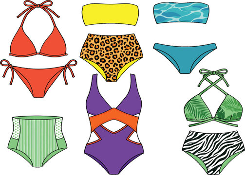 Fashionable swimwear collection vector set, colorful bikini and monokini beachwear illustrations, trendy women's swimsuits with animal prints